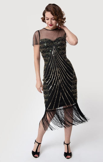 Gorgeous VIntage Inspired Black Cocktail Dress with Beads and Fringe-Rolande - Blanche's Place
